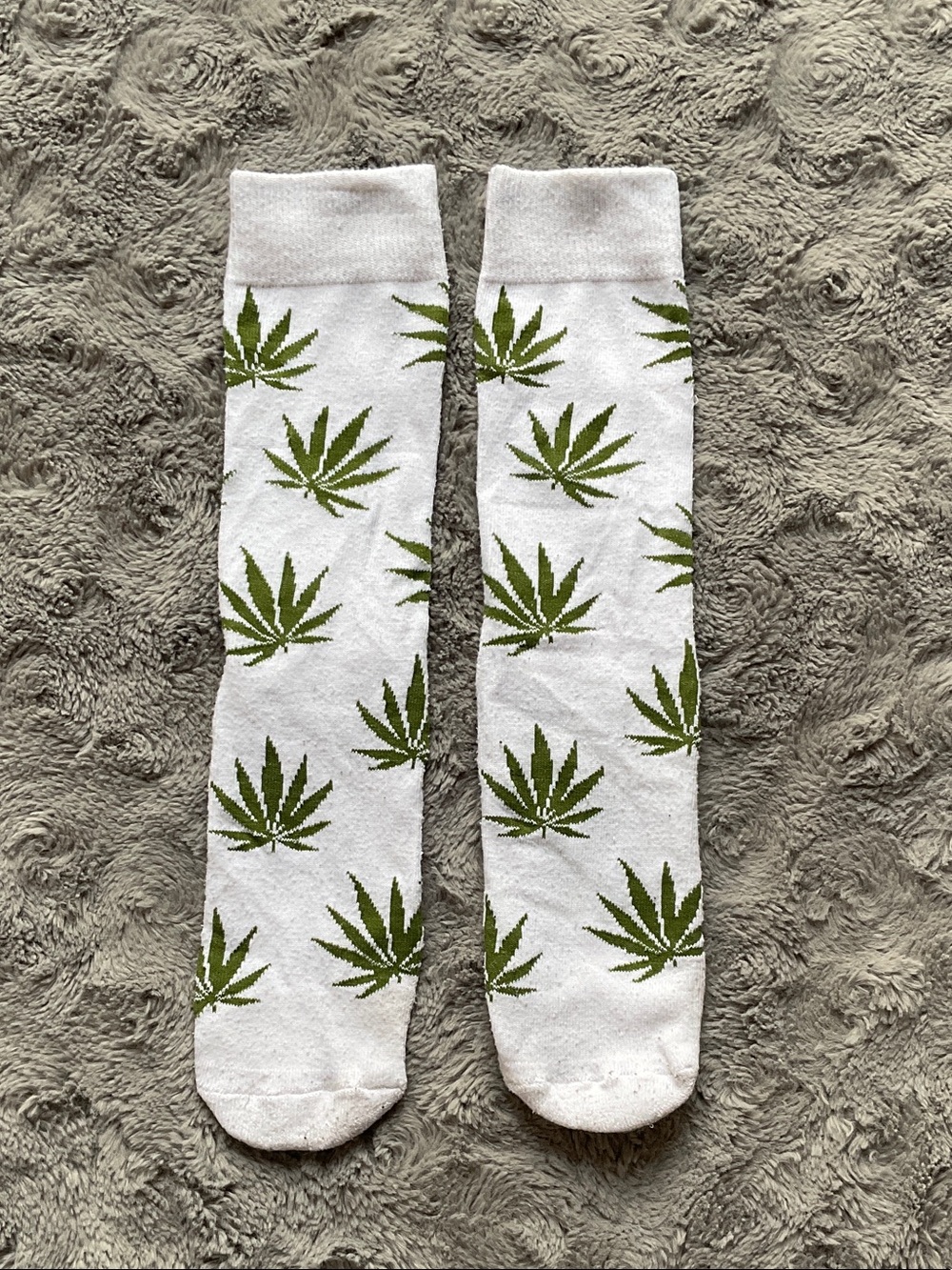 White Crew Socks with Green Leaf Print - Men